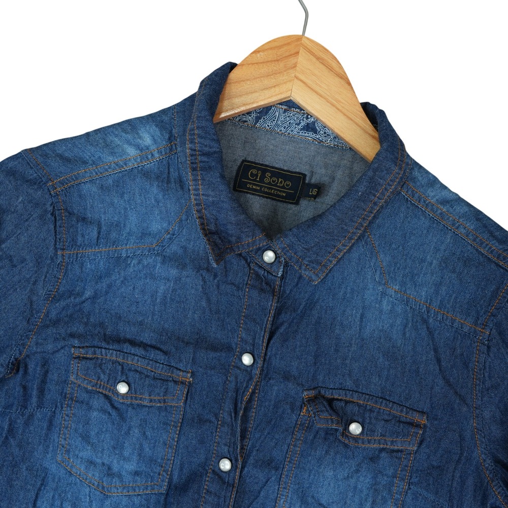 Ci Sono Denim Shirt Women Large Dark Wash Pearl Snap Paisley Elbow Patch Western